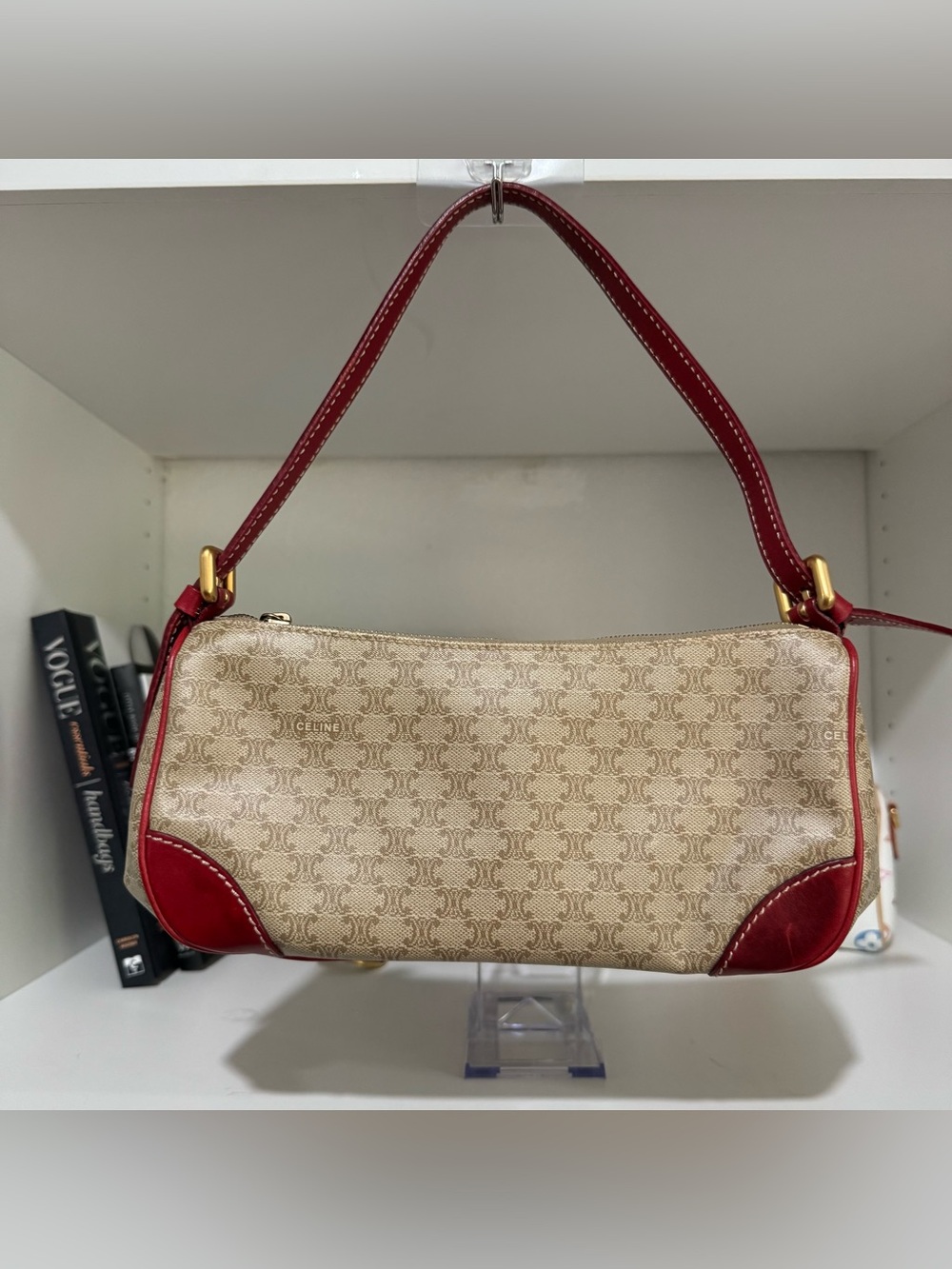 Celine Beige Monogram Canvas Shoulder Bag with Red Trim - Picture 4 of 10